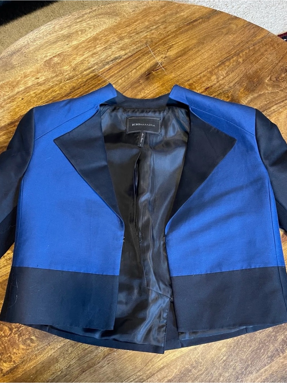 BCBGMAXAZRIA Oscar Royal Blue & Black Color-Block Cropped Tuxedo Blazer - NWOT